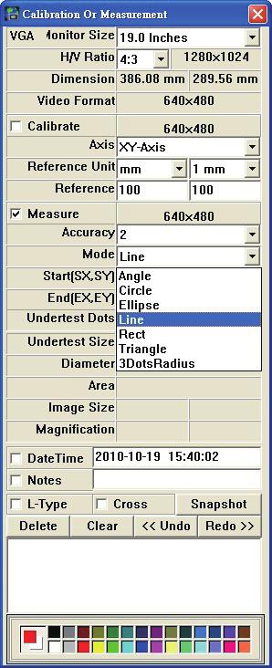 Crosshair 1. On the live mode, click the crosshair button and the crosshair will appear(fig.15): 2. You can position the crosshair by clicking the right button.(fig.16) Measurement Function Click the Measurement button, and the measurement window will appear.