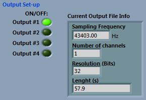 4.2.3 Output Set-up To activate the output on the Tenor system, the user must select the output(s) with the green dot and specify the path of a wave file that contains the signal to generate.