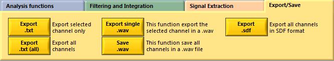 5.5 Export/Save Tab The Export/Save tab includes five functions to export the time signal data to a text file, a wave file or a SDF file (Standard Data File from HP).