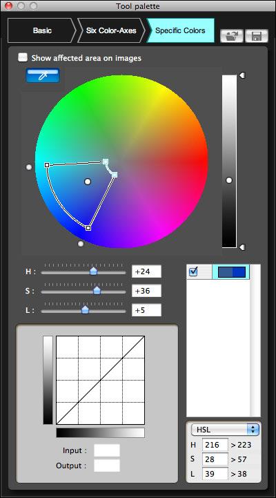 You can also set a range for the effect on surrounding colors which occurs when you adjust the colors you have specified. 1 Select the [Specific Colors] tab in the [Tool palette].
