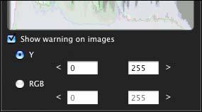 Setting the Warning Indicators You can set warning indicators for luminance values (Y) and color values (RGB) which are useful for preventing excessive settings being made.