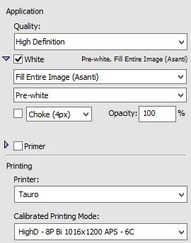 21. The quality was set to High Definition. 22. Enable White. 23. Set Fill Entire Image (Asanti). 24. Set Pre-white. 25. Submit make and send to printer. 26.