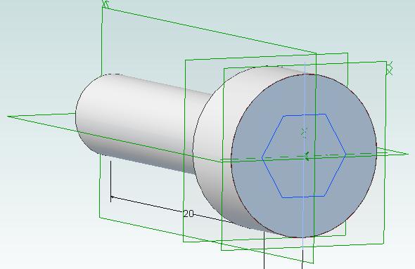 Alibre Script 11 13. Now we will create the allen key recess in the head of the bolt. We start by adding a new sketch to the XY plane that contains a hexagon 5mm in diameter. HexSketch = MyPart.