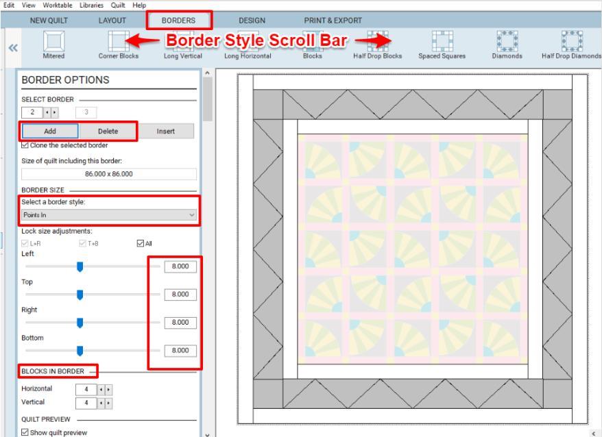 When working in custom set, you can only change the overall size of the center of your quilt. To change styles you must select a new quilt.