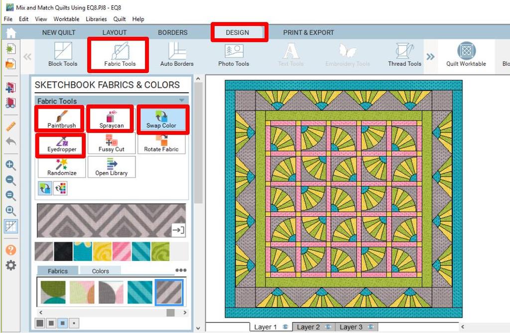 Option 4: Recolor your quilt Select Fabric Tools to color any additional spaces in the quilt. If you need additional fabrics, select Open Library and select and add additional fabrics to your project.