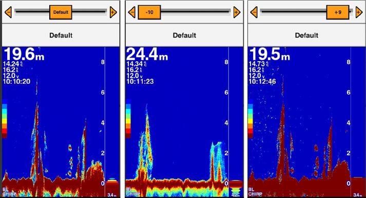 Color Gain Adjusts the intensity of colors shown on the screen. You can adjust the Color Gain to change the sonar signal strength threshold for the strongest colors on your sonar screen.
