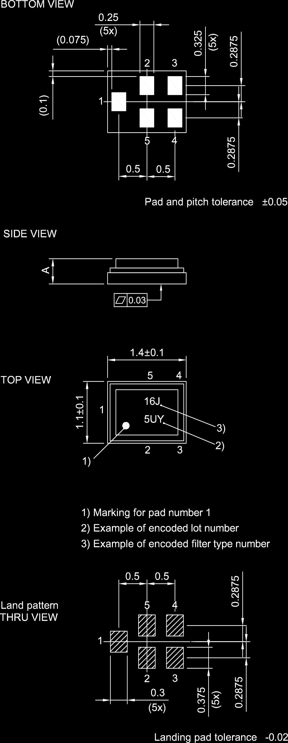 3 Package 4 Pin configuration 1 4 2, 3, 5 Input Output Ground Figure 2: Drawing of package with package height A = 0.