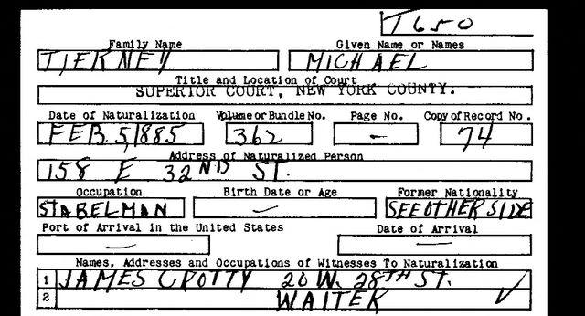 Figure 5: Michael Tierney Naturalization Index Card The reverse of this card only lists original citizenship as subject to Queen of Great Britain &