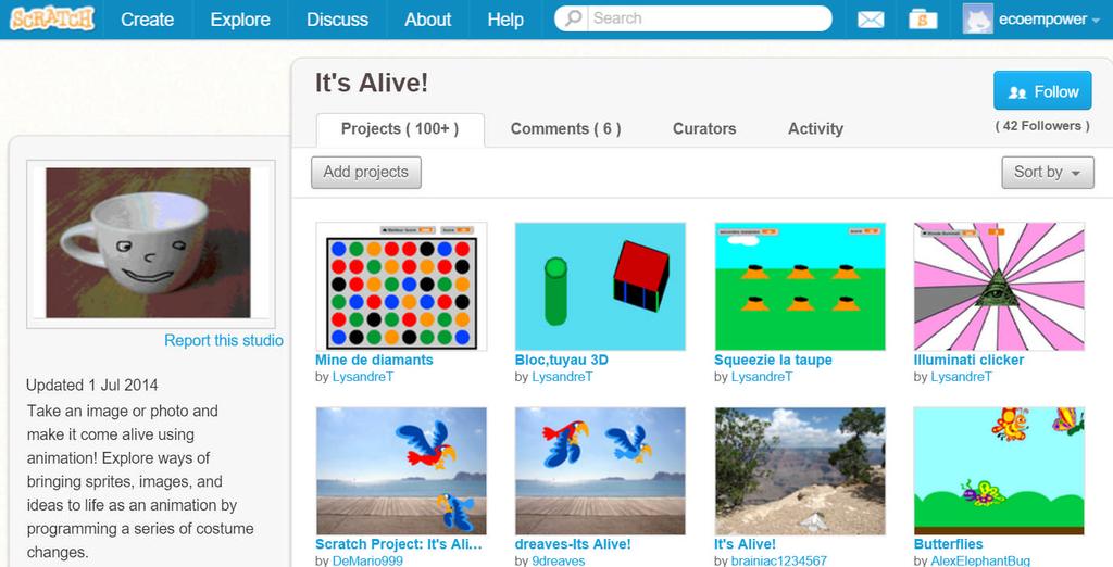 You can add your completed Scratch project to the It s Alive studio: http://scratch.mit.edu/studios/475529 Hints: - Try to paint a new sprite with several costumes.