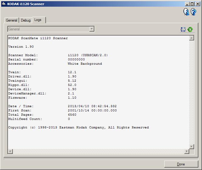 Diagnostics - Logs tab The Logs tab displays the scanner s version information, serial number, attached/installed accessories, meters, etc.