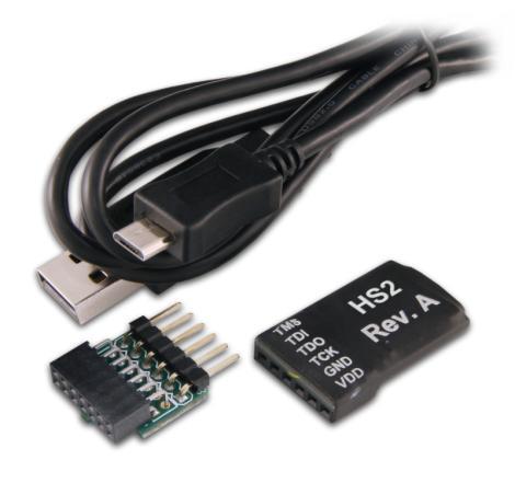 The HS2 attaches to target boards using Digilent s 6-pin, 100-mil spaced programming header or Xilinx s 2x7, 2mm connector and the included adaptor.