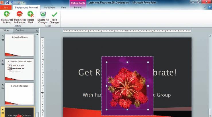 Objective 5 Remove Picture Backgrounds and Insert WordArt To avoid the boxy look that results when you insert an image into a presentation, use Background Removal to flow a picture into the content
