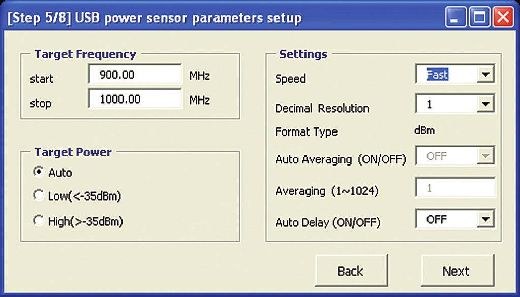 Step 5. USB power sensor parameters setup Set the power sensor s target power and target frequency.