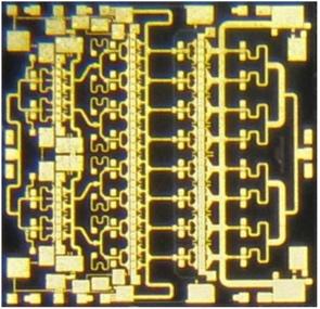 5 x 1 mm² 8 parallel 3 stage amplifiers Measured losses of 2 db for tandem coupler Simulated losses 1.