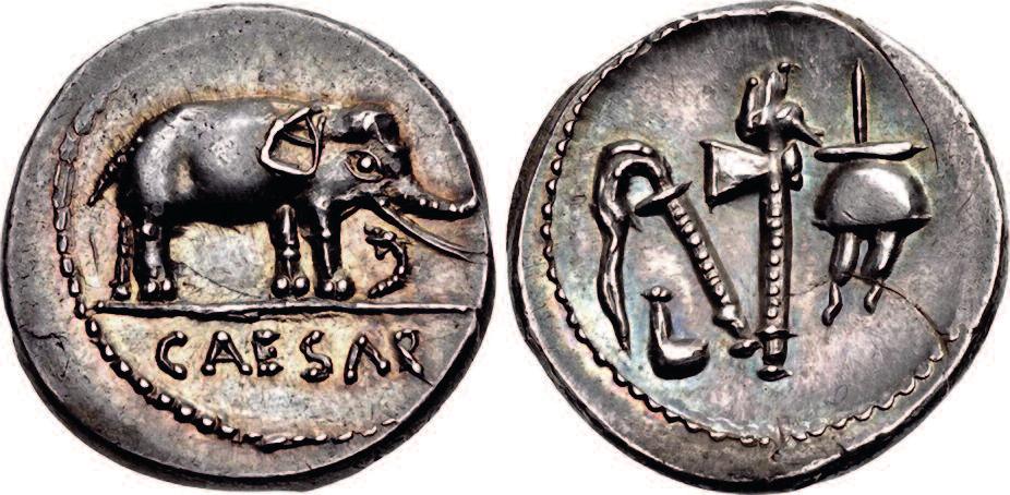 elephant coin of Julius Caesar was issued when he defied the Roman senate by crossing the Rubicon River with his army and invading Italy.