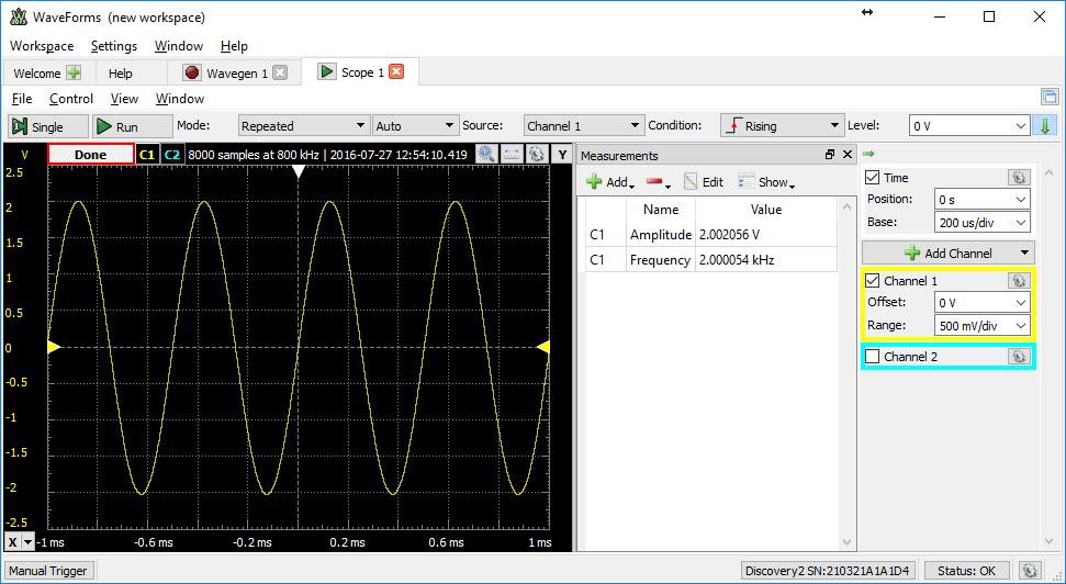 Figure 2-7: Measurements Panel 4.2. Click on Add, Defined Measurement, Channel 1, open the Vertical list, and click on Amplitude. Then click on the Add and Close buttons.