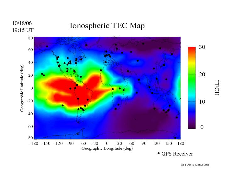 The model assimilates GPS TEC data from receivers (shown as black dots) and combines them with a model based on physics equations to yield a global TEC map. Figure 4. Global map of TEC.