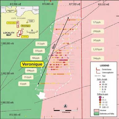 Veronique Prospect Boundiali Permit 6 kilometre long coherent, high tenor, soil anomaly striking NNE Similar geology and proximal to Tongon Gold Mine Very high grade soil
