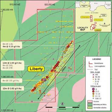 Liberty Prospect Korhogo Permit Limited work has defined a 20-kilometre gold-in-soil anomaly along the prolific Tongon gold corridor Shallow aircore drilling results include 1 : - 12m @ 2.