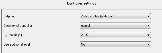 6.4.4 Two-step control (switching) The following settings are available at the ETS-Software (here for controller type heating): Figure 24: 2-step control (switching) The following chart shows the