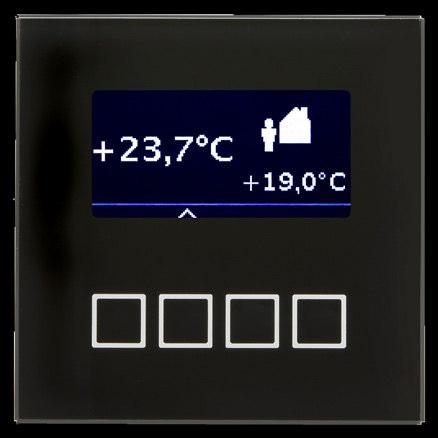 C. The MDT Glass Room Temperature Controller detects the temperature and releases telegrams in dependence on its parameterisation.
