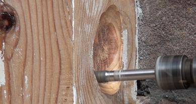 V5. Repair of natural defects in wood (e.g. wood knots) 1. 2. 3. 4. 5. 6. 7. 8. Remove the paint system around the damaged area. Check the wood moisture content level. If over 18%, let the wood dry.