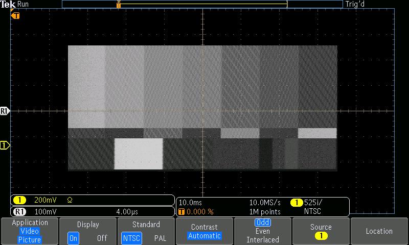 Datasheet Viewing an NTSC full color bar signal image. Video picture mode contains automatic contrast and brightness settings as well as manual controls.