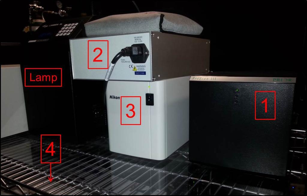Note: If your acquisition will run for hours, please turn off the lamp to conserve bulb lifetime. Figure 3: Peripherals and Lamp. 5. Turn the keys on confocal lasers from Standby to ON (Figure 4).