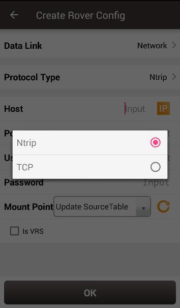 20 Protocol type options When Ntrip network is selected, the host can by manually typed or selected by clicking the icon on the right of row Host as