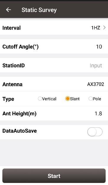 4.4 Static Survey Figure 4.8 Static Survey interface [Interval]: selected from 20HZ, 10HZ, 5HZ, 1HZ, etc. The max rate is determined by the device connected. [Cutoff Angle]: the cut off angle.