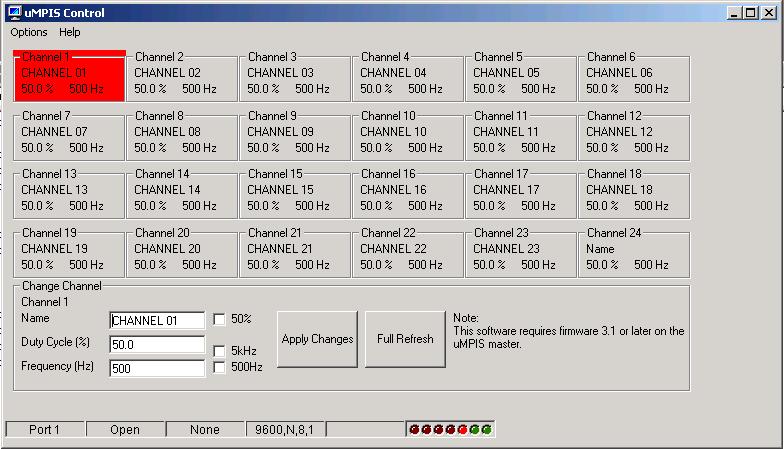 Control Form The umpis Control form allows the user to view/edit the individual sensor channels. A sensor channel can be selected by clicking anywhere in the frame for that channel.