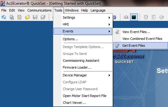 132 From menu bar select events get event files Figure C.1. Screen shot of AcSELerato Quickset screen to get event files Select the type of event.