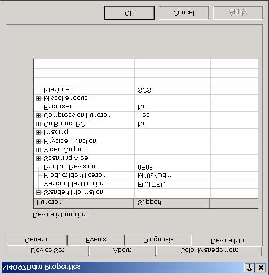 6.5 Device Information Tab Folder A list of the functions compatible with the selected scanner driver is displayed. The items displayed depend on the selected model of scanner.