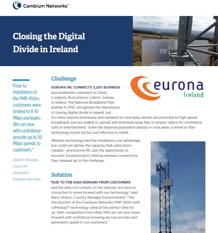 Bridging the Digital Divide in Ireland Problem: National Broadband Plan in Ireland requires rural coverage Fiber too costly Solution: