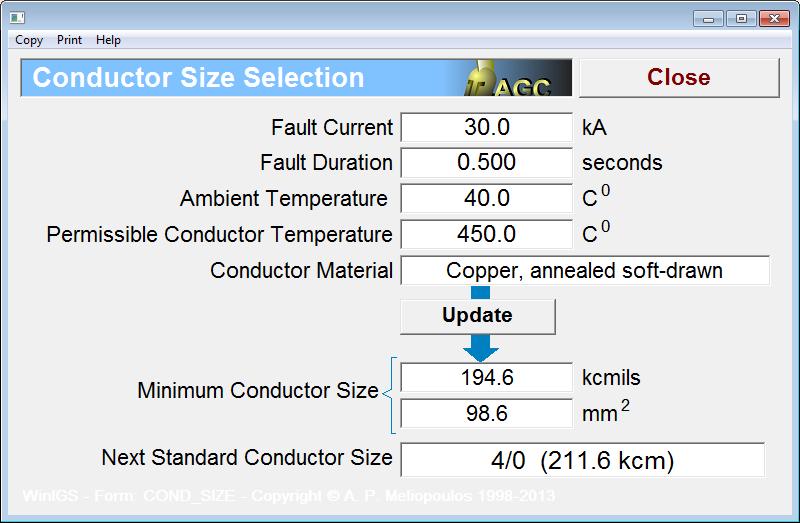 The conductor selection command opens the dialog window shown in Figure A3.2. Edit the input data fields as necessary, specifically: Fault Current.