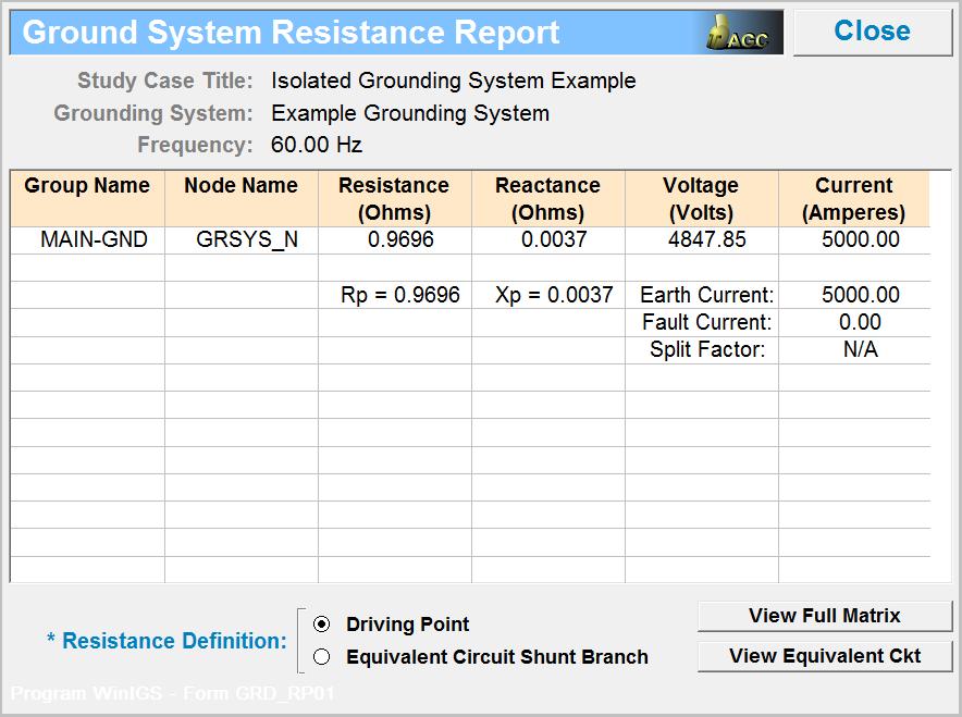 Click on the Grounding Resistance button to view the Grounding system resistance report. This report is illustrated in Figure 1.