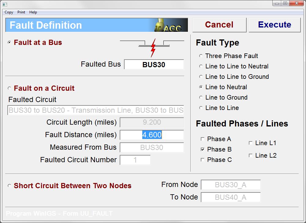 Figure 3.3 Fault Definition Form Fault location can be: (a) at any system bus, (b) along any circuit, and (c) between any two nodes of the system.