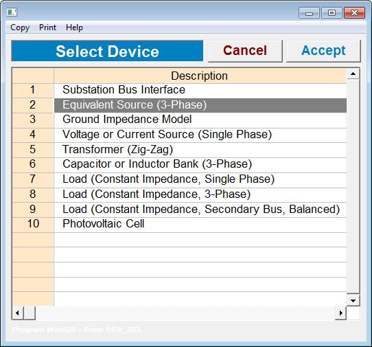 Figure 3.6: Shunt Device Selection Window Next, left-double-click on the source icon to edit its parameters. The source parameter window is illustrated in Figure 3.7.