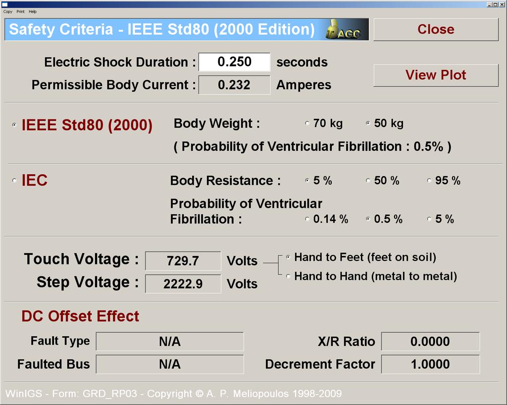 Next, click on the Close button to close the reduction factor computation form, and click on the Allowable Touch and Step Voltages button to open the Safety Criteria computation form, illustrated in