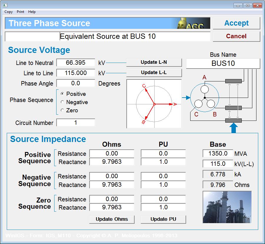 impedance in ohms. For example, the values shown in Figure 3.7 are for the 1.35 GVA source located at BUS 10. Figure 3.7: Source Parameter Editing Window To complete the source model we also need to represent the source ground impedance.