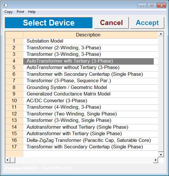 Figure 3.13. Select the fourth entry titled Autotransformer with Tertiary (3-Phase) and click on he Accept button.