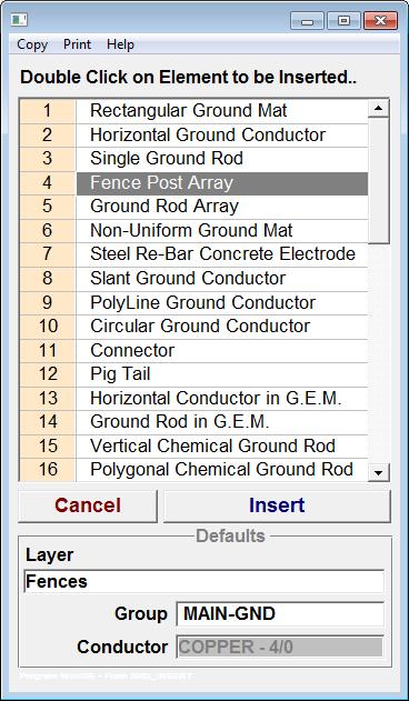 Figure 4.8: Ground Electrode Selection Window Next we will insert a perimeter ground conductor around the site fence. The perimeter conductor shall consist of 2/0 copper, buried 1.