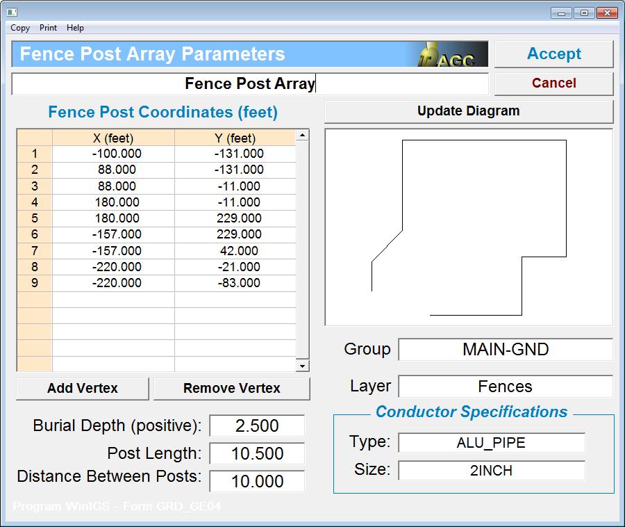 Figure 4.9: Fence Element Properties Window Click again on the toolbar button to open the insert electrode window, shown in Figure 4.8. Select the 9 th row element titled Polyline Ground Conductor.