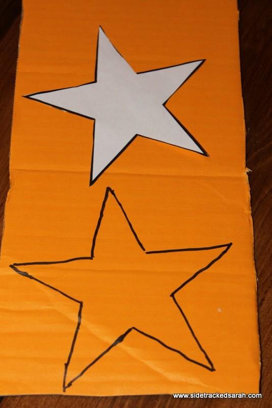 Directions: Trace a star pattern onto cardboard (template available in template section). Cut out a star (or several) and wrap with foil.