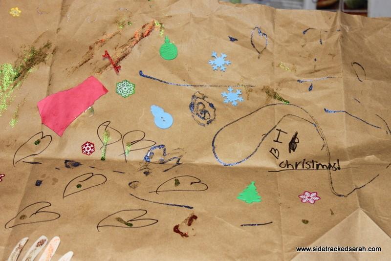 Day 6 Wrapping Paper Supplies: Brown paper bags/freezer paper/or other paper you can use Stickers and/or old Christmas cards Markers Stamps Directions: Lay paper out and let child decorate it with