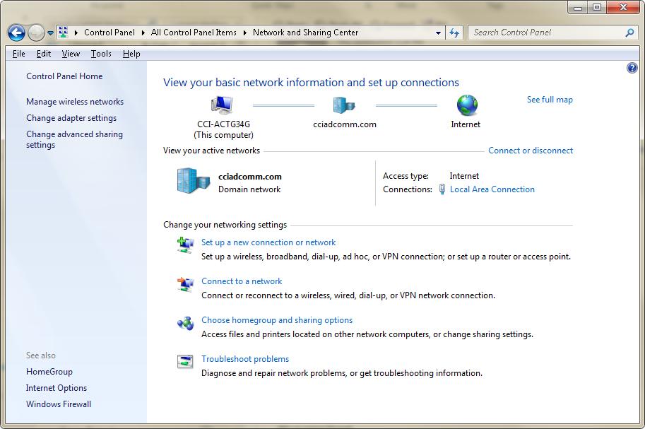5.2.4 Select Local Area Connection Icon After the step taken in paragraph 5.2.3 the Network and Sharing Center window will appear.