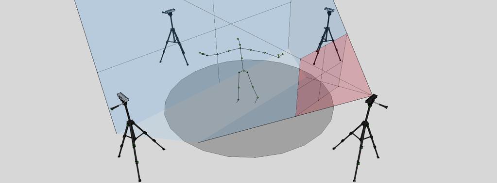 Figure 1: Omnidirectional body tracking setup with four Kinects placed in a circle around the tracking area. The field of view of the front right sensor is marked in blue.