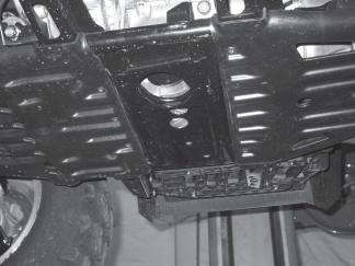 VI. INSTALLATION: FRONT 1. Remove the 3 fasteners securing the rear skid plate to the bottom of the vehicle.