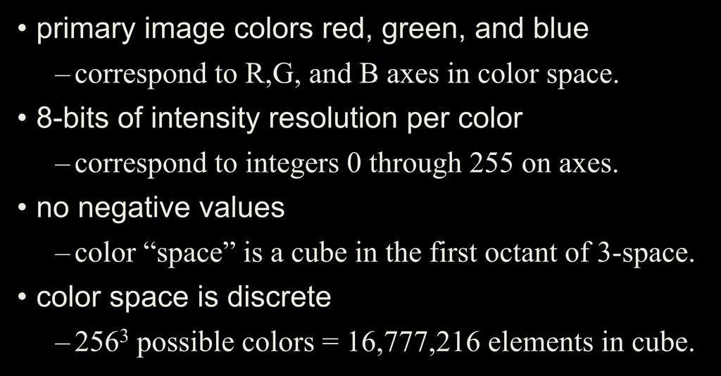 Color Space for standard digital images primary image colors red, green, and blue correspond to R,G, and B axes in color space.