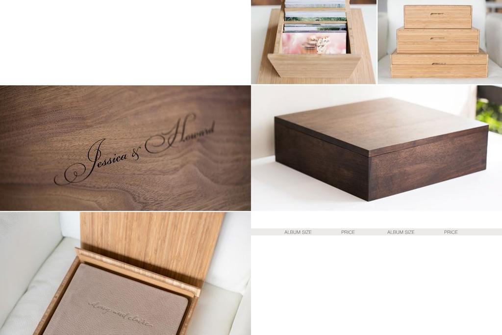 P resentation Boxes These luxurious wooden presentation boxes are the perfect heirloom for storing, protecting and showcasing albums or proof prints.